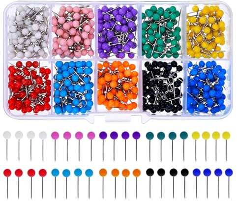HUAZIZ 1000 Pezzi Spilli da Sarta con Teste Rotonde con Teste Rotonde in Plastica e Punte ad Ago in Acciaio, Spilli Dritti Tonda, Spille a Pressione per Mappe Colorate