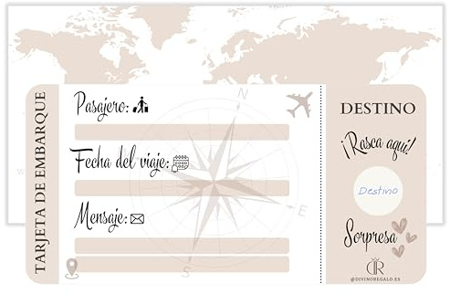 Tarjeta viaje sorpresa | Vale romántico para rellenar | Idea de regalo original para parejas, amigos o familiares | Incluye tarjeta rasca personalizable | Tarjeta de embarque para viajeros