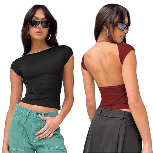 flintronic Women Sexy Backless Top, Cropped Tank Tops, Y2k Basic Sleeveless Top, Round Neck Strap Vest, Slim Fit Camisole, New Summer Crop Tops for Ladies-Black+Burgundy S