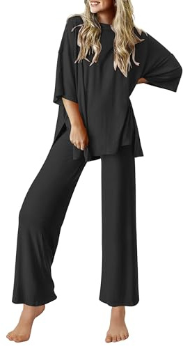 Ekouaer Lounge Sets for Women Short Sleeve Tops and Long Pants Soft Comfy Pajamas Set 2 Piece Outfits,Black,L