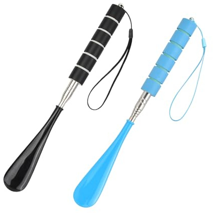 Amexo 2 Piezas Calzador de Zapatos Largo, Telescópico 30-71cm Calzador Retráctil Calzador de Zapatos Largo con Asa Antideslizante y Cordón para Niños y Personas Mayores Calzador (Negro, Azul)