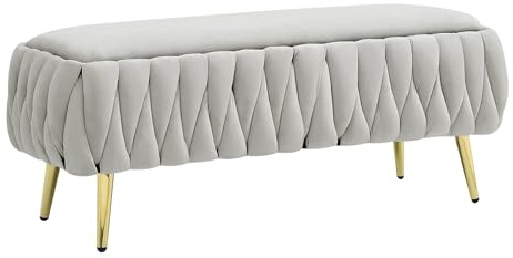 Panca Imbottita Divanetto In Velluto Contenitore Pouf Grande XXL PortaOggetti Intrecciato Panca Sgabello A Pie Di Letto Con Gambe In Metallo Dorato Cassapanca Ingresso Legno Massello Panchina - Grigio