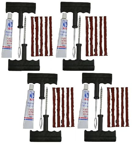 Generisch dyck24 4 x AutoReifen-Reparaturset, 9-teilig, mit Flickzeug und Klebstoff für Auto, Motorrad und Fahrrad, Pannenhilfe, Notfalraparatur, Notfallwerkzeug, Schnellreparatur