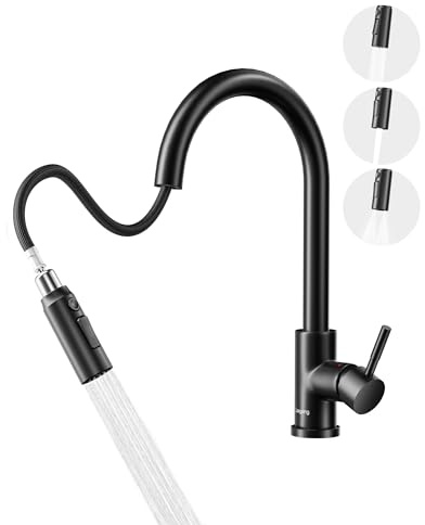 Küchenarmatur, Hochdruck Wasserhahn Küche Ausziehbar, Mischbatterie Küche mit küchenarmaturen, 360°-drehbare Wasserhahn küche, Edelstahl-Armatur Küche(Schwarz)