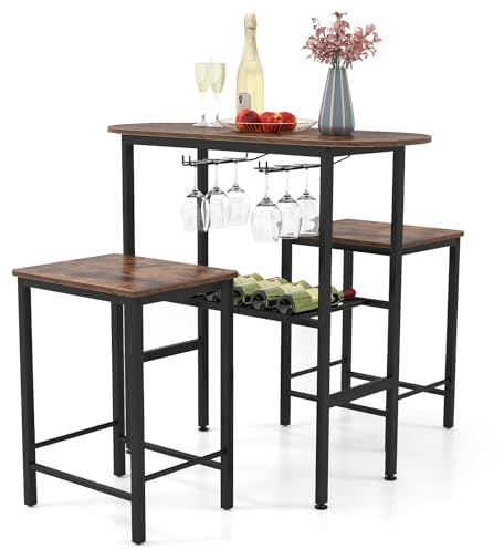 COSTWAY Bartisch mit Barhocker Set, 2 Personen Bartisch Set mit Halterungen für Weingläser und Flaschen, Küchentheke Hausbar für Wohnzimmer, Esszimmer und Küche (Vintage)