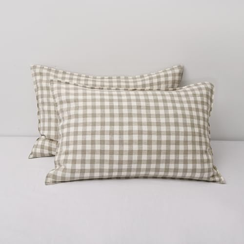 CHUFFED 100% French Linen Pillow Cases Queen Size Set of 2, Stone Washed Flax Pillow Shams with Zipper Closure - Breathable & Cooling for Hot Sleepers,20x30 Inches, Linen Plaid