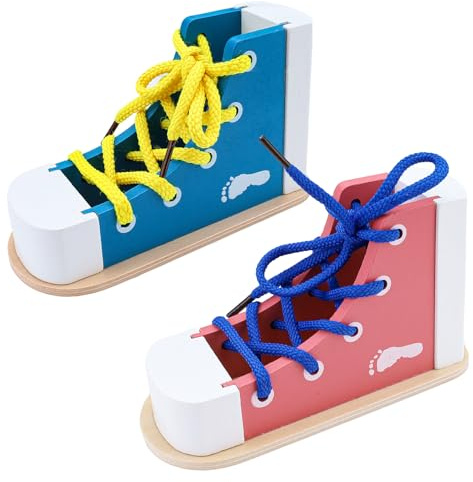 Lucxhcky 2 Pack Wooden Shoe Tying Practice Kit with Blue and Pink Laces, Instructional Lacing Technique Aid for Fine Motor Skills Development (Pink + Blue)