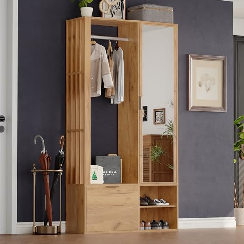 Merax Ensemble garde-robe moderne avec miroir, penderie, armoire à chaussures, 5 compartiments de rangement, garde-robe compacte et élégante pour couloir, entrée, meuble de couloir, couleur bois