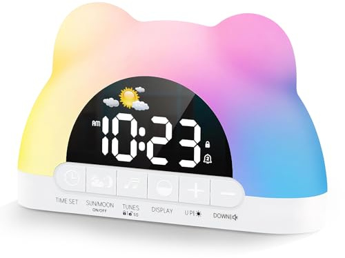 QESSUVNC Kids Alarm Clock Ok To Wake Clocks,Toddler Sleep Training With 11 Rgb Color Night Lights For Girls Boys Teens, Dimmable Digital Alarms, Child Lock, Dual Alarms