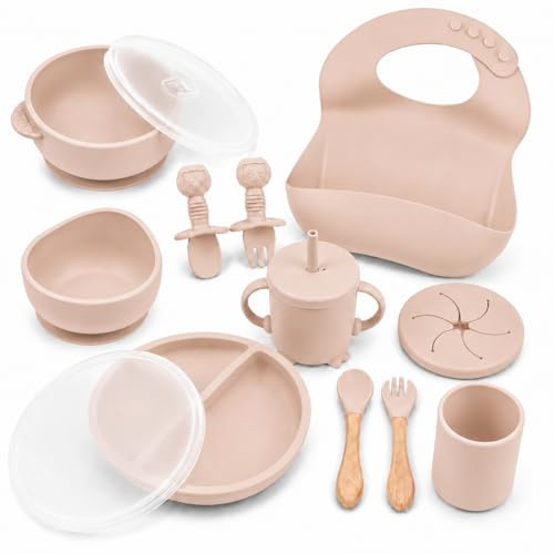 14 Piezas Vajilla Bebé Set Alimentación Silicona BLW Antideslizante Beige