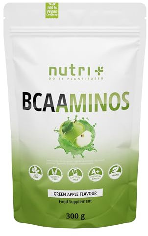 Nutri + BCAA Pulver Green Apple - Aminosäuren Komplex hochdosiert + vegan - BCAAs Instant Powder - Geschmack Grüner Apfel 300 g - Aminosäurepräparat