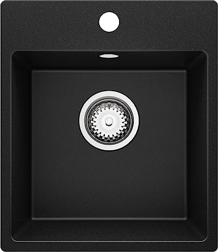 PRIMAGRAN Evier Cuisine en Granit Noir 38x44cm, Lavabo 1 bac + Kit de Vidage, Évier à Encastrer al mueble 40cm - Riga Easy S001