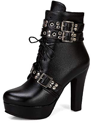 JIEEME Mode Femme Lacets Fermeture éclair Talon Bloc Talon Haut Bout Rond Plate-forme Marche Légère Confortable Bottes Courtes pour Femmes Z39961, Noir , 42 EU