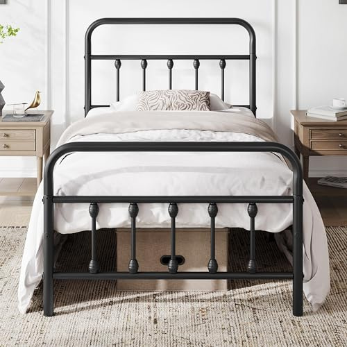 Yaheetech Twin Metal Bed Frame, Victorian Iron-Art Headboard, 450 lb Capacity, 12.6 Storage Space, No Box Spring Needed Black