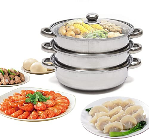 Dampfkocher 3 Etagen Edelstahl 24cm - Dampfgarer Dampfkochtopf mit Glasdeckel Edelstahl Dämpfer ideal für kleine Portionen oder Singlehaushalte
