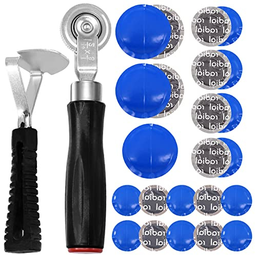 Swpeet 25 Pezzi 32 mm 42 mm 58 mm Tubo Pneumatico Patch Strumento di Riparazione e Ruota a Rullo Pneumatici con Fodera Raschietto assortimento Kit, Tondo Universale Pneumatico e Tubo Patch
