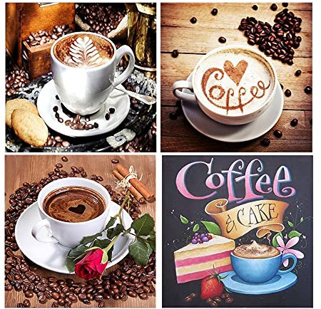 DCIDBEI 4 Stück Diamond Painting Full Set 30x30 cm Kaffee 5D Diamant Painting Bilder mit Zubehör, Erwachsene DIY Diamant Malerei Malen nach Zahlen für Home Wall Décor