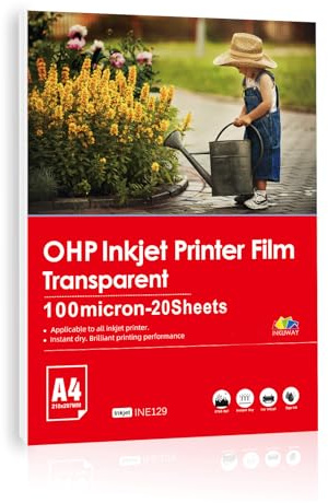 Inkuway A4 ohp-film för bläckstråleskrivare – 20 transparent projektionsprojektorpappersfilm, med bläckstråleskrivarsensor