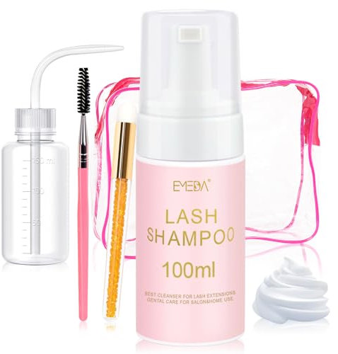 EMEDA 100Ml Wimpernshampoo für Extensions mit Spülflasche und Bürste Wimpern Extensions Shampoo kit Für Salon Wimpernschaum Reiniger Heimanwendung Wimpern Shampoo Eyelash Cleanser Lash Shampoo