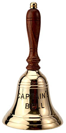 NKlaus 21cm Tischglocke Captain's Bell aus Messing graviert Handglocke mit Holzgriff 11582