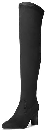 DREAM PAIRS Women's Over The Knee Stretch Thigh High Boots Chunky High Heels Pointed Toe Long Fall Boots,Size 8,Black-Suede,SDOB2303W