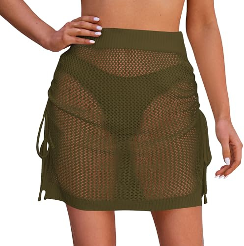 SEAUR Stickad kjol för kvinnor, strand, kort, transparent, strandkjol, dragsko, omlottkjol, minisarong, pareo, virkad, bikini, cover up, fisknät, linda S–XL, Med dragsko – mörkgrön, M