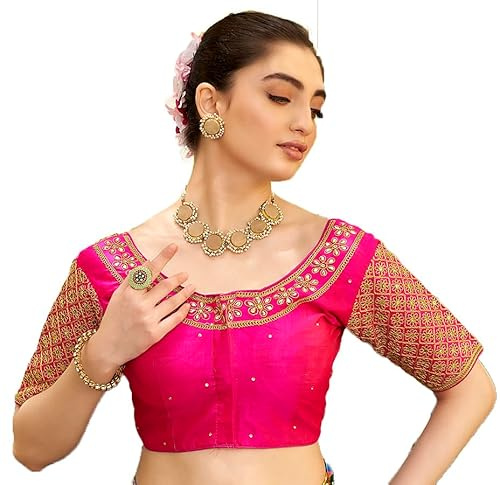 Pujia Mills Women's Embroidery Handwork Sequence Work Necklace Design Readymade Blouse, Dark Pink, 32