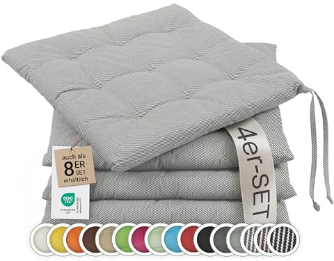 ZOLLNER 4er Set Sitzkissen in 40x40cm - gemütliche Stuhlkissen mit Bindebänder - waschbar bis 30°C - in grau weiß gestreift - Oeko Tex® Zertifiziert