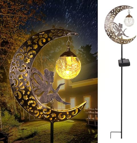 AcaJoe Solar Lights Outdoor Garden Ornaments Outdoor Waterproof Moon Fairy Solar Crackle Glass Lights LED Metal Stake Ornament for Walkway Patio Lawn Decorations-Unique Gift Ideas for Mum Gardening
