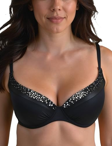 Vivisence Bad Push-Up BH med bygel vadderade kupor bikini-bh avtagbara inlägg justerbara axelband maximal komfort och stöd slitstarkt tyg, Svart-silver, 75D
