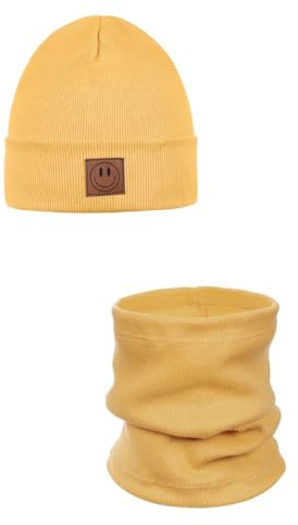 ANDER Ensemble Bonnet et Tour de cou Pour Enfants SMILE - Bonnet et écharpe Tubulaire en Coton - Printemps Automne - Unisexe Garçons et Filles - Doux et élégant Moutarde 52-56
