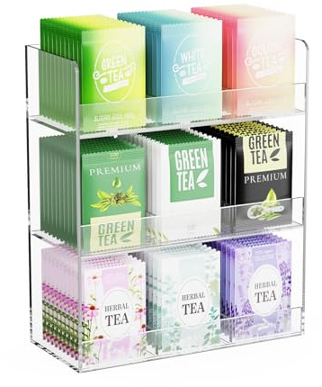 Laumffon Acrylic Tea Bag Organizer, 3 Layers Tea Bag Holder for Tea Packets, No Assembly Required, Wall Mount Display Tea Caddy for Countertop or Cabinet, 9 Slots, Clear
