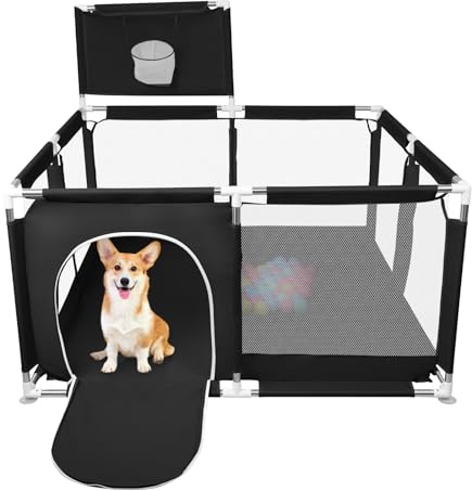 Babypark, stor lekhage för småbarn, aktivitet för barn med boll, modulär, vikbar, med dragkedja, basketställ, med 4 sugkoppar, 126 x 126 x 66 cm - svart