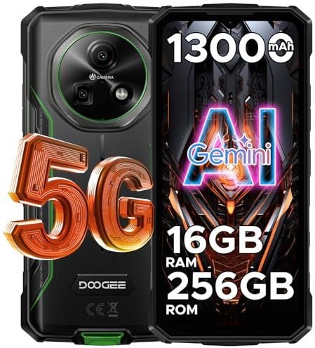 DOOGEE Fire 7 Rugged Smartphone 5G, Android 15 AI Rugged Phone, 13000mAh/18W, 16GB+256GB/2TB，6.6” HD+ 90Hz Octa-Core Android Phone, 64MP+16MP, Side Fingerprint, Face ID/OTG/NFC/Triple Card - Green