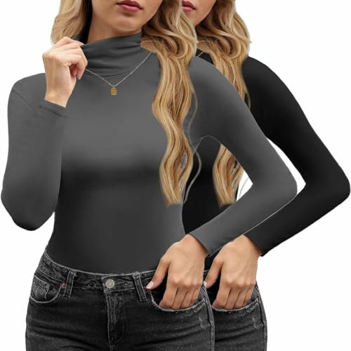 Yutdeng Camisetas Manga Larga Mujer Top Camiseta Cuello Alto Casual Camiseta Interior Termica Ropa T-Shirt Algodon Cálido Camisola Basicas Camisetas Termicas Mujer Invierno,Negro & Gris Oscuro,XL
