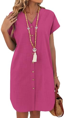 Zeagoo Vestito da Donna in Lino Maniche Corte Estivo Vestiti Corto Abito da Spiaggia Abiti a Camicia con Tasche Scollo a V Copricostume Rosso Rosa XL