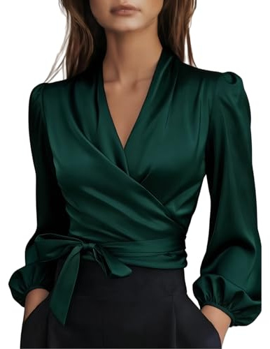 Camisas Mujer,Blusa Cruzada De Satén para Mujer con Lazo En La Cintura, Manga Larga Abullonada, Cuello En V, Elegante Blusa De Seda para Oficina, Negocios, Ropa De Trabajo Informal, Trajes De Prima
