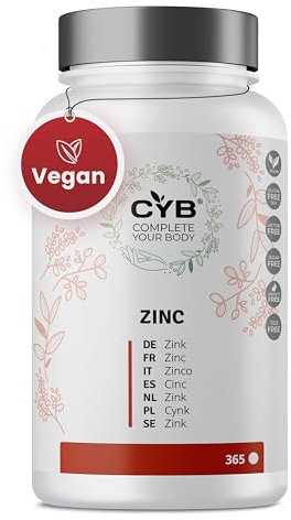 CYB | Zinc - 365 Comprimidos Suministro de 1 Año - Suplemento Vegano Diario - Fácil de Tragar - Multivitaminas Vitaminas y Minerales - Sin Gluten ni Lactosa - 273.8 g