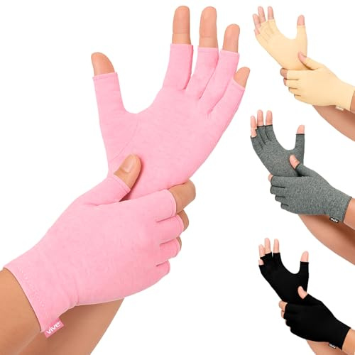Vive Pink Arthritis Gloves Fingerless - Hand Compression Open Finger Design for Women and Men - Comfy Fit, Breathable and Moisture Wicking - Carpal Tunnel, Joint and Rheumatoid Pain Relief (Large)