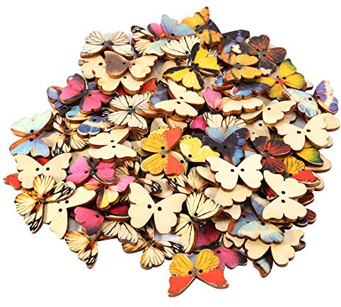Changor 100 Botones De Mariposas De Madera, 21 x 27 Mm, Botones De Madera De Colores Mezclados, Botones Artesanales, para Manualidades, Manualidades, Costura, Decoración