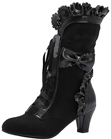 COOLCEPT Femmes Vintage Victorian Bottes Lacets Bowknot Moyen Talons Bloc Steampunk Bottes Black Taille 39 Asiatique