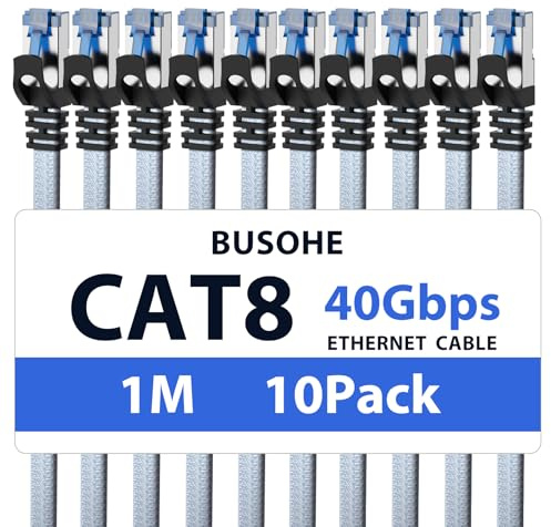 BUSOHE Cat 8 Ethernet LAN Cable 1M (10 Pack), High Speed 40Gbps 2000MHz | Braided Flat Gigabit RJ45 FTP Shielded Internet Network Cord Compatible with PC, Laptop, Routers, Modem