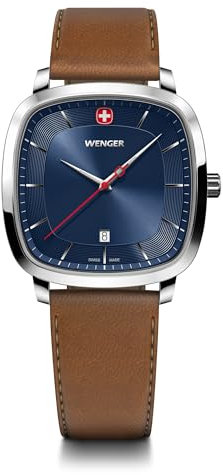 WENGER Herren Armbanduhr Vintage Classic Ø 37 mm, Swiss Made, Analog Quarz, Wasserdicht bis 50 m, Kunstleder-Armband, Blau/Braun, 01.1921.106