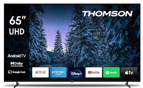 THOMSON 65 Tum (164 cm) QLED Smart Android TV, Google Assistant, Wi-Fi, Dolby Digital, Bluetooth, Triple-Tuner (Kabel/Satellit/Antenn), HDMI, CI+, A+ Panel – 65QA2S13