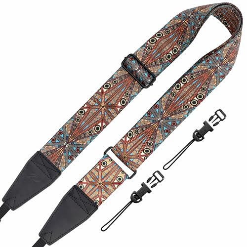 Padwa livsstil justerbar kamerarem – 5 cm brett topplager kohud huvud kameraremmar för fotografer, vintage justerbar hals axel och crossbody rem snabbfrigörande passar alla kameror (bohemisk)