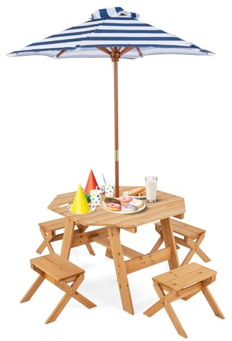 COSTWAY Kids Picnic Table and Benches Set, Wooden Children Garden Furniture with Foldable & Height Adjustable Parasol, 4 Seater Outdoor Toddler Table & Chairs for Boys Girls (Natural)