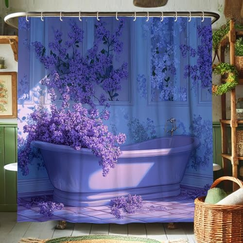 Cortina de ducha floral violeta, decoración de bañera con flores lilas para primavera y verano, juego de cortina de tela impermeable artística moderna con ganchos, 72 x 78 pulgadas