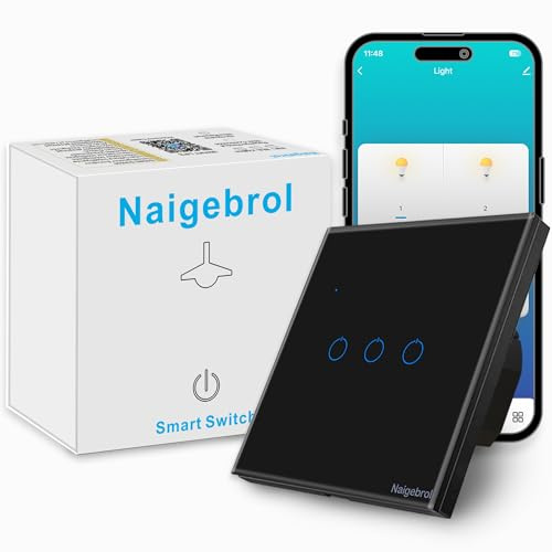 Naigebrol Touch Light Switch,Neutral wire required,With Safety Door,Multi-Way Control by Smart Life App,Works with Alexa/Google Assistant,Remote Control,Voice Call,LED Dual-Color Backlight,3Gang Black