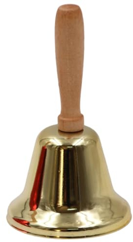 Campanello a mano, campanello in metallo extra rumoroso con manico in legno, d'allarme multiuso per adulti e bambini, scuola, chiesa, hotel, dorato per feste