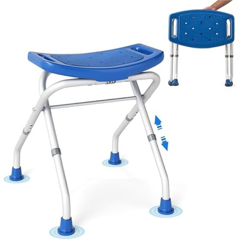 GOPLUS Taburete de Ducha Plegable, Asiento de Baño Antideslizante con Altura Ajustable en 3 Niveles, Asas, Carga 150 kg, Taburete de Baño Portátil para Mayores, Embarazadas y Discapacitadas (Azul)